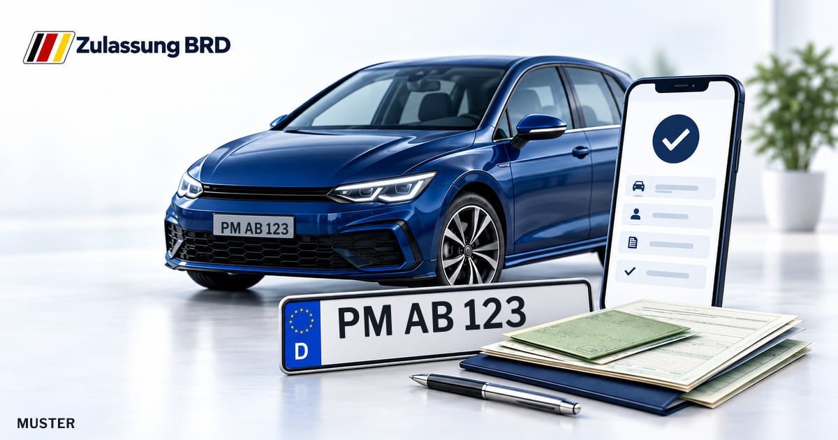 Online Fahrzeugzulassung in Kloster Lehnin: Musterkennzeichen PM AB 123, Auto und Fahrzeugpapiere und Smartphone. Illustration mit Logo von Zulassung BRD.